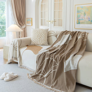 Cozy Couch Throw Blanket with Tassels, Jacquard Leaf Pattern Furniture Protector