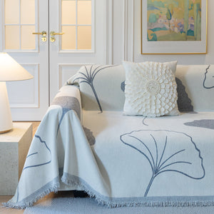Cozy Couch Throw Blanket with Tassels, Jacquard Leaf Pattern Furniture Protector