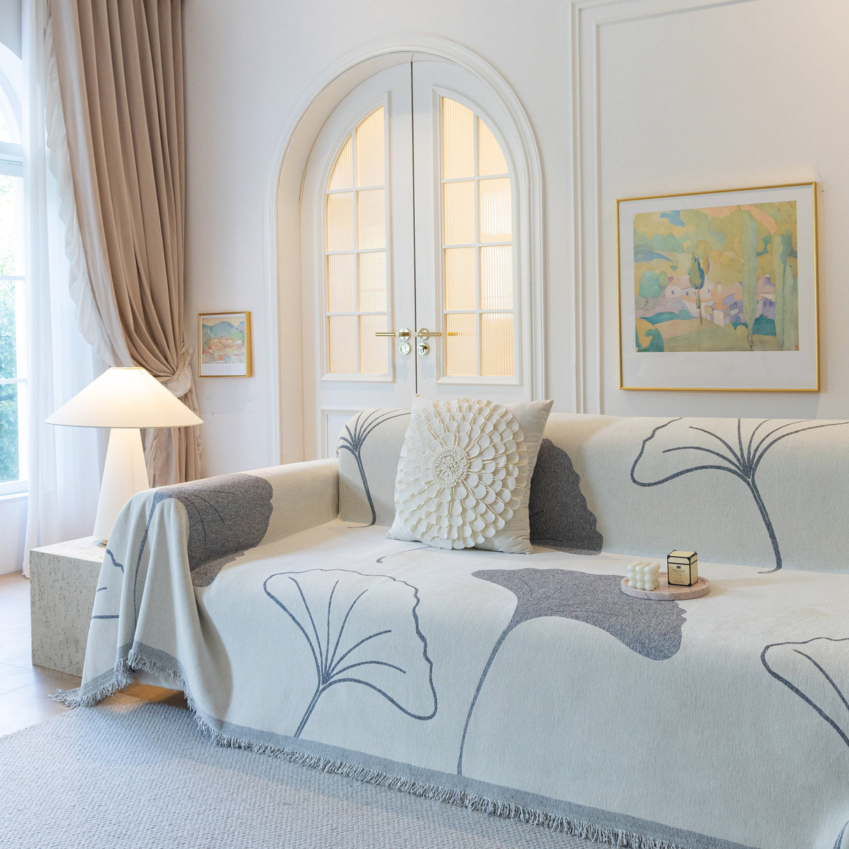 Cozy Couch Throw Blanket with Tassels, Jacquard Leaf Pattern Furniture Protector