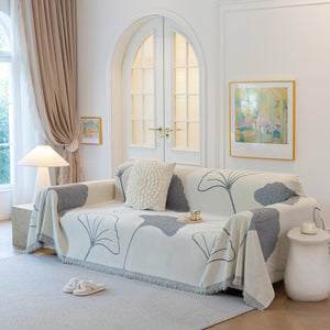 Cozy Couch Throw Blanket with Tassels, Jacquard Leaf Pattern Furniture Protector