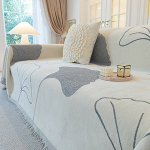 Cozy Couch Throw Blanket with Tassels, Jacquard Leaf Pattern Furniture Protector