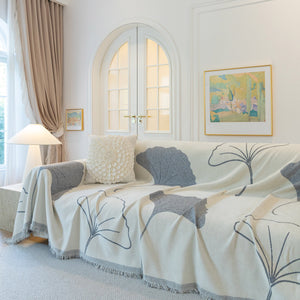 Cozy Couch Throw Blanket with Tassels, Jacquard Leaf Pattern Furniture Protector