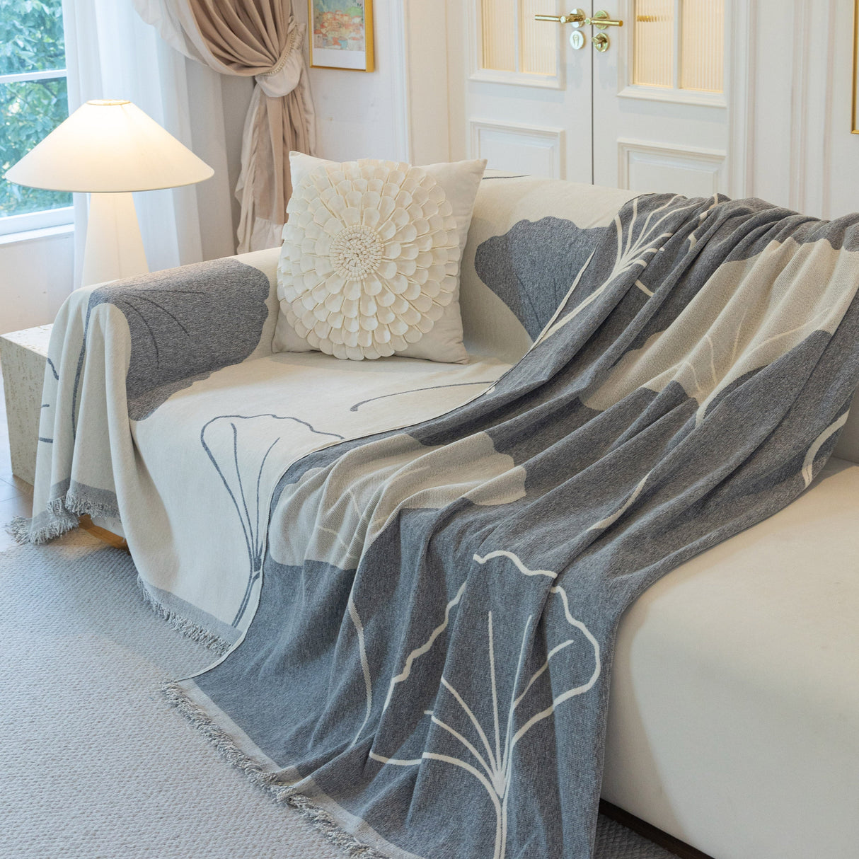 Cozy Couch Throw Blanket with Tassels, Jacquard Leaf Pattern Furniture Protector