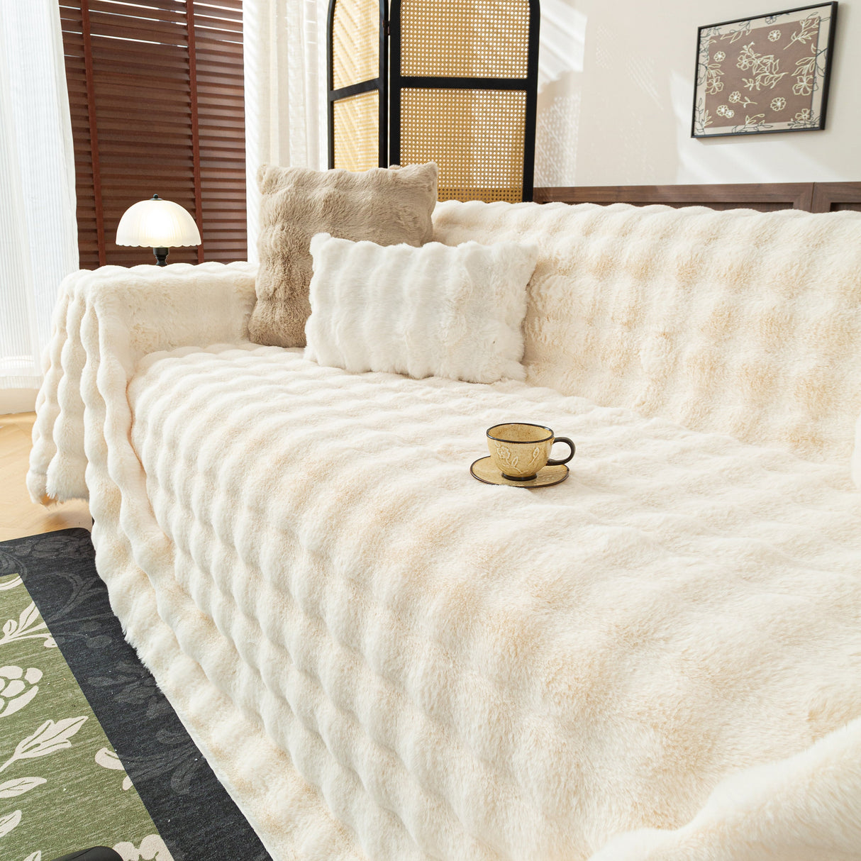 Thick Faux Fur Sofa Cover Fluffy Plush Warm Sofa Slipcover Furniture Protector for Couch Bed