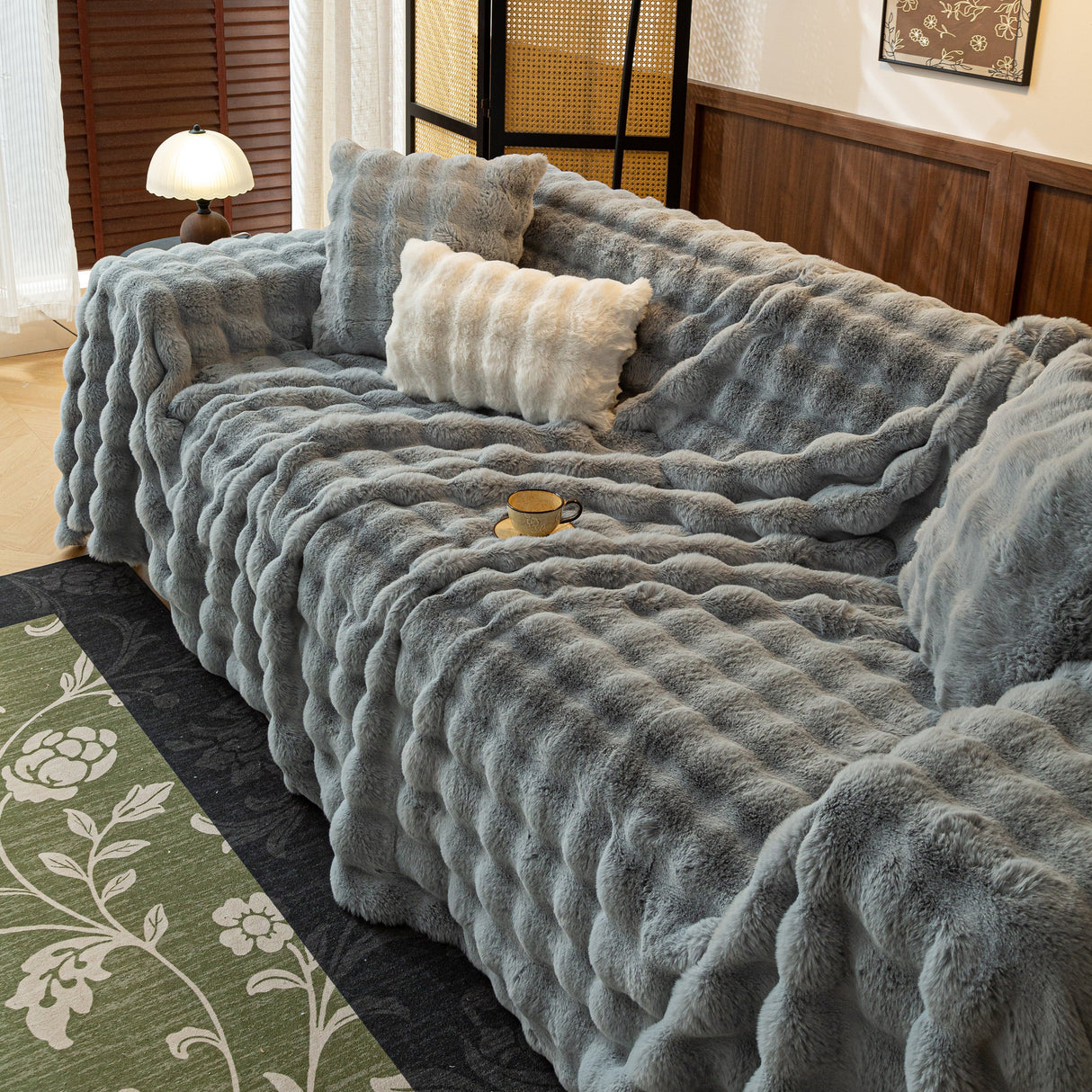 Thick Faux Fur Sofa Cover Fluffy Plush Warm Sofa Slipcover Furniture Protector for Couch Bed