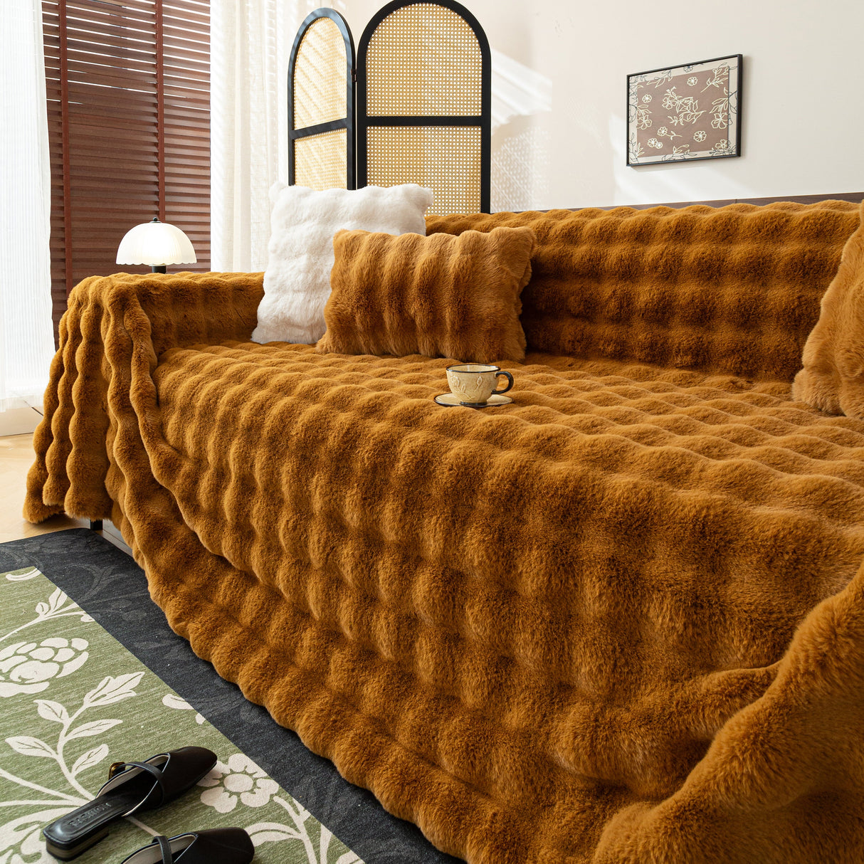 Thick Faux Fur Sofa Cover Fluffy Plush Warm Sofa Slipcover Furniture Protector for Couch Bed