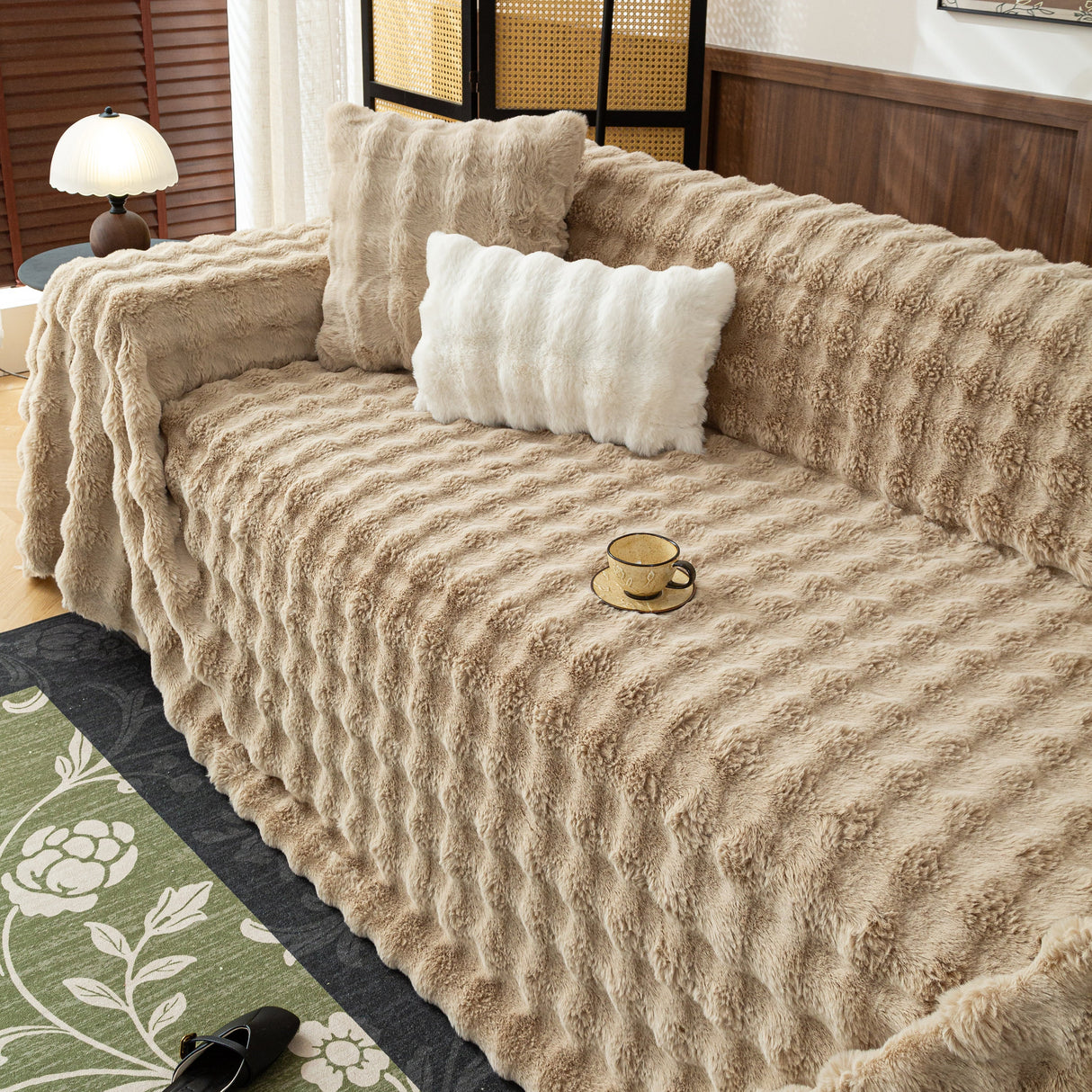 Thick Faux Fur Sofa Cover Fluffy Plush Warm Sofa Slipcover Furniture Protector for Couch Bed