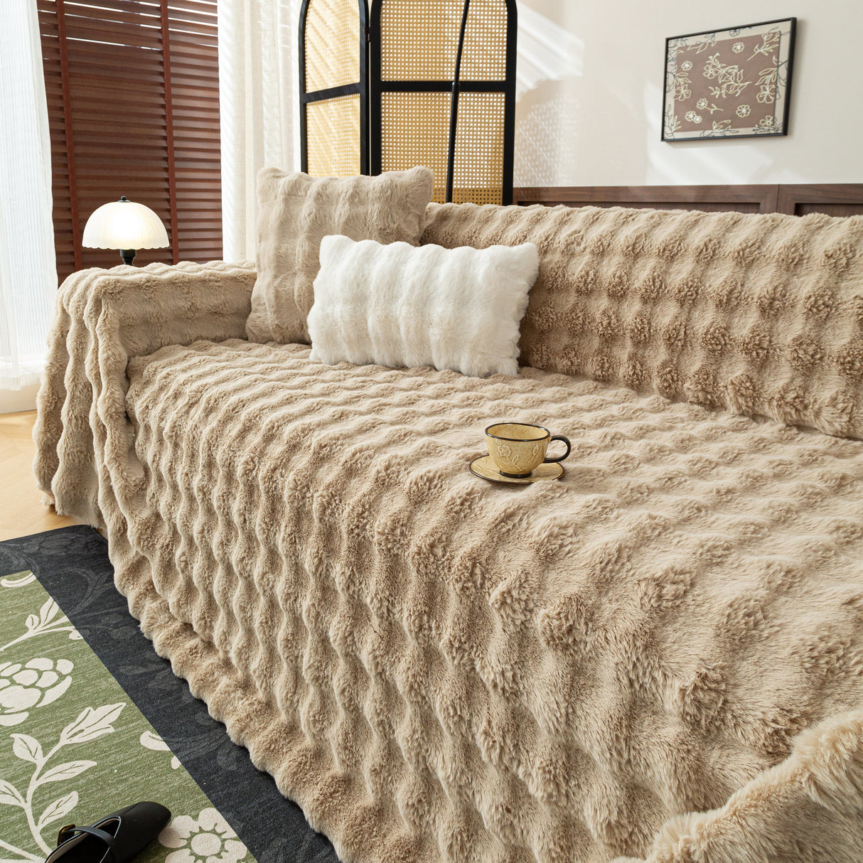 Thick Faux Fur Sofa Cover Fluffy Plush Warm Sofa Slipcover Furniture Protector for Couch Bed