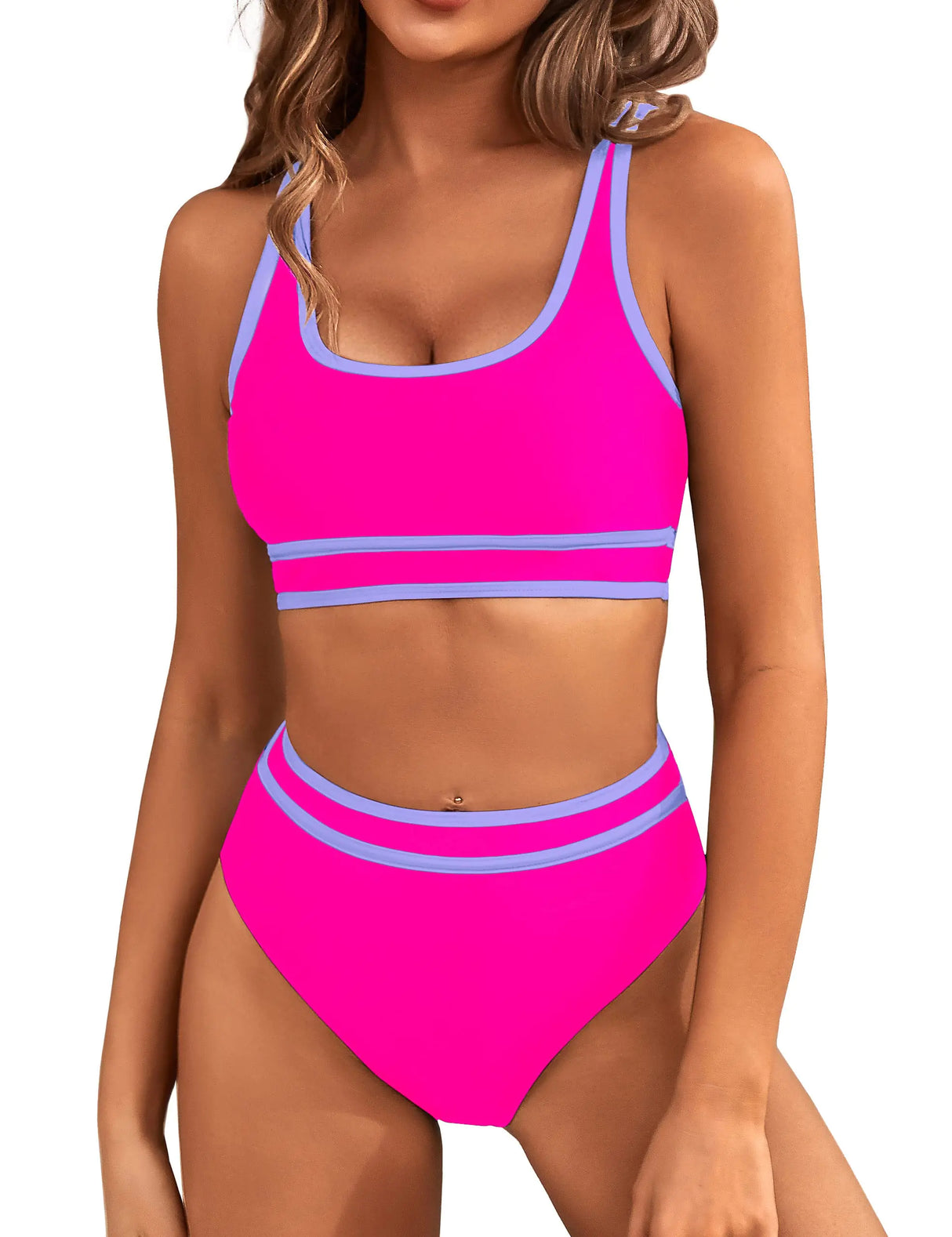 BMJL Women's High Waisted Bikini Sets Sporty Two Piece Swimsuits Color Block Cheeky High Cut Bathing Suits Small Hot Pink011