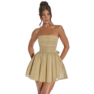 AIBEARTY Womens Sexy Glitter Off Shoulder Mini Dress Shiny Strapless Pleated A Line Dress for Party Club Khaki