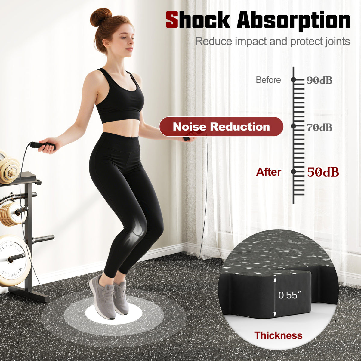 0.55 inch Thick Rubber Top Exercise Mat 48 Sq Ft with Boarders-Black