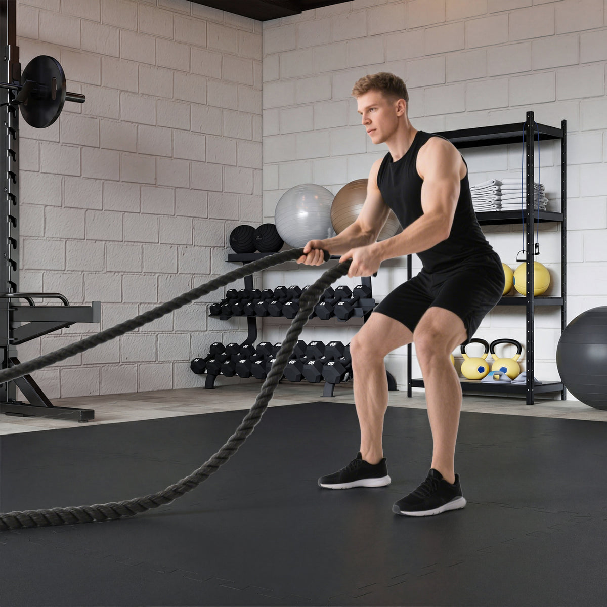 0.79 inch Set of 2 Thick Rubber Top Exercise Mat 48 Sq Ft with Boarders-Black