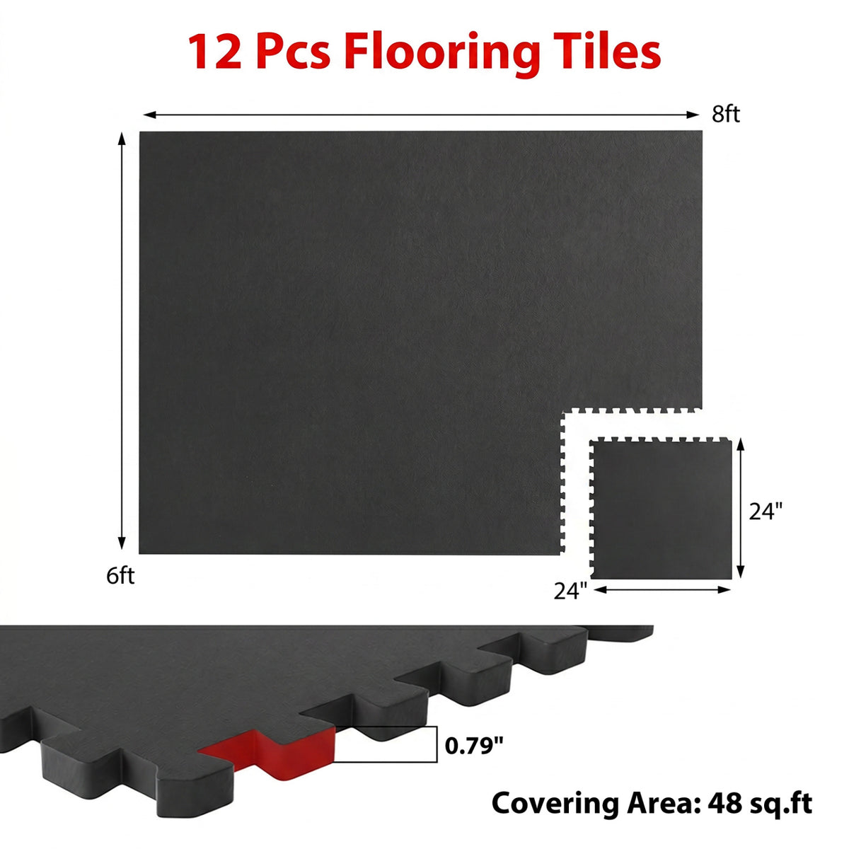 0.79 inch Set of 2 Thick Rubber Top Exercise Mat 48 Sq Ft with Boarders-Black
