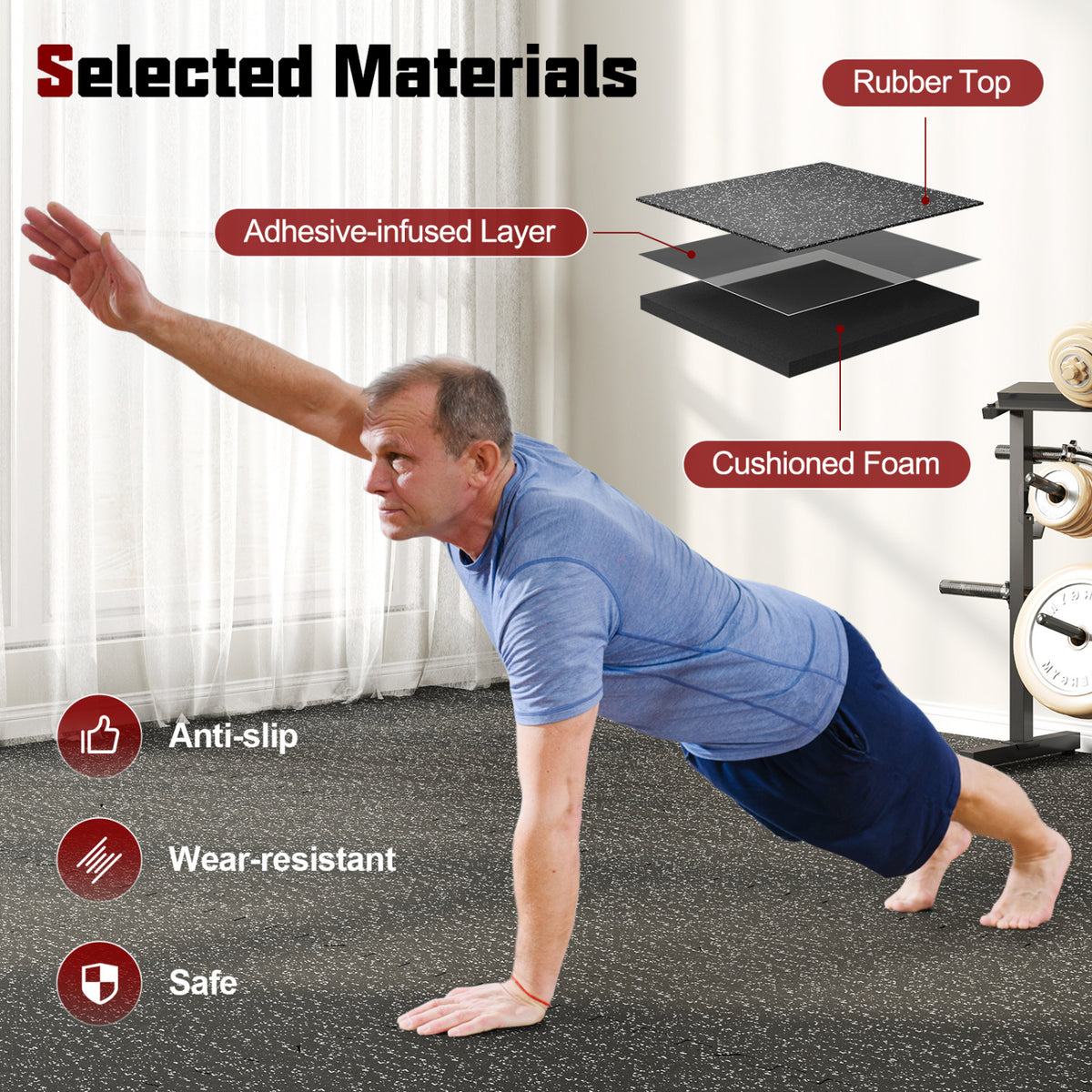 0.79 inch Thick Rubber Top Exercise Mat 48 Sq Ft with Boarders-Black