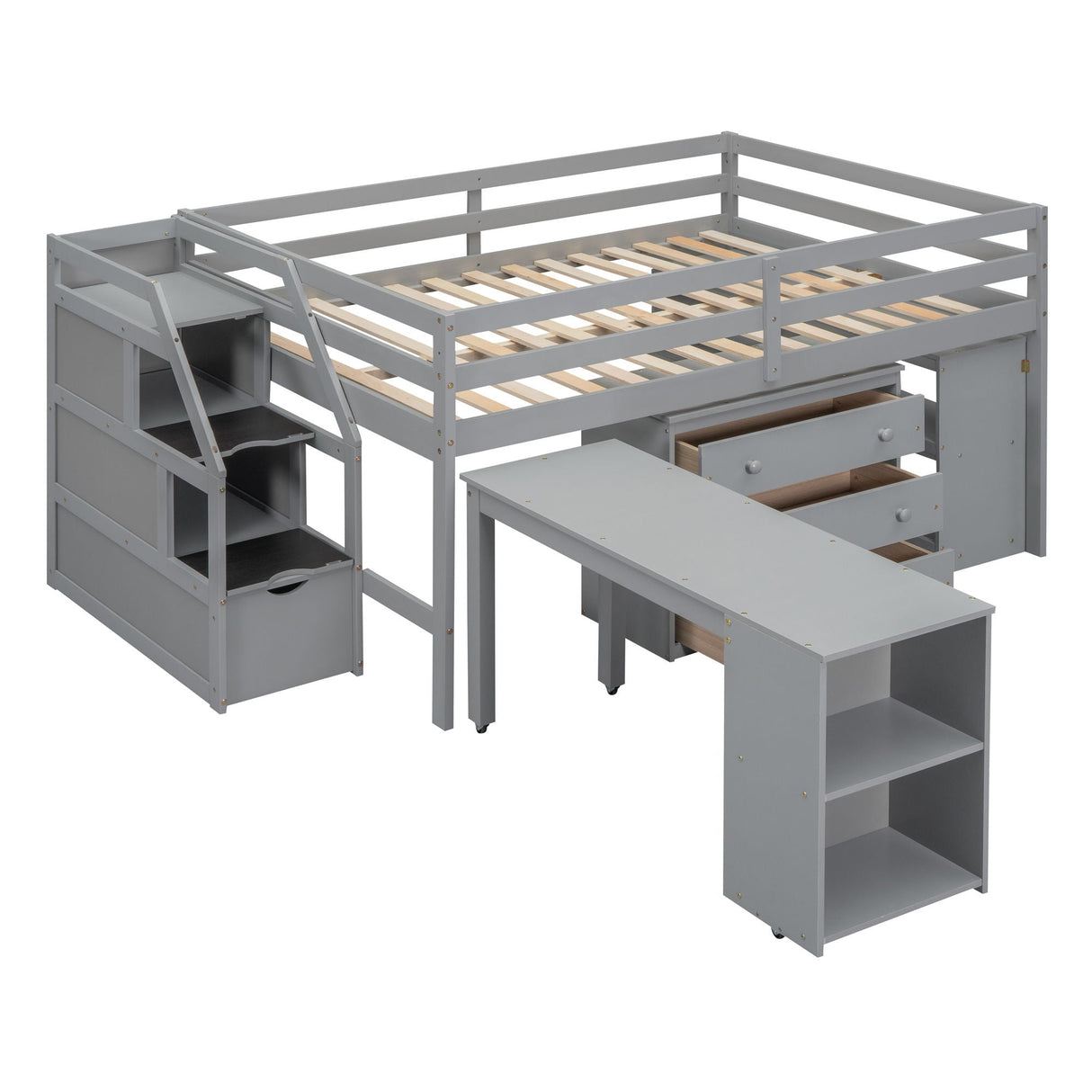 Loft Bed With Retractable Writing Desk And 3 Drawers With Storage Stairs And Shelves by Couch.com