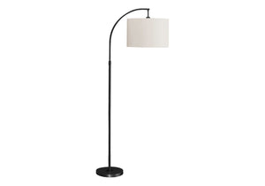 The Contemporary Design Floor Lamp Lighting is a tall, black metal lamp with an arched design, featuring a round base and a cylindrical off-white lampshade suspended from the top.