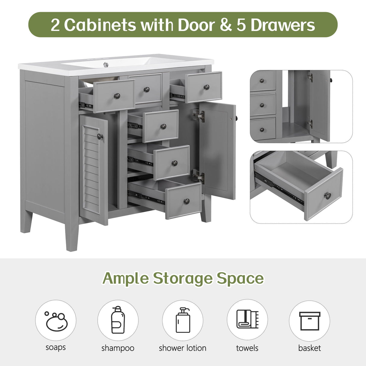 Bathroom Vanity Without Sink, Cabinet Base Only, Two Cabinets And Five Drawers, Solid Wood Frame - Gray by Couch.com