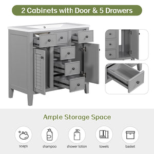 Bathroom Vanity Without Sink, Cabinet Base Only, Two Cabinets And Five Drawers, Solid Wood Frame - Gray by Couch.com