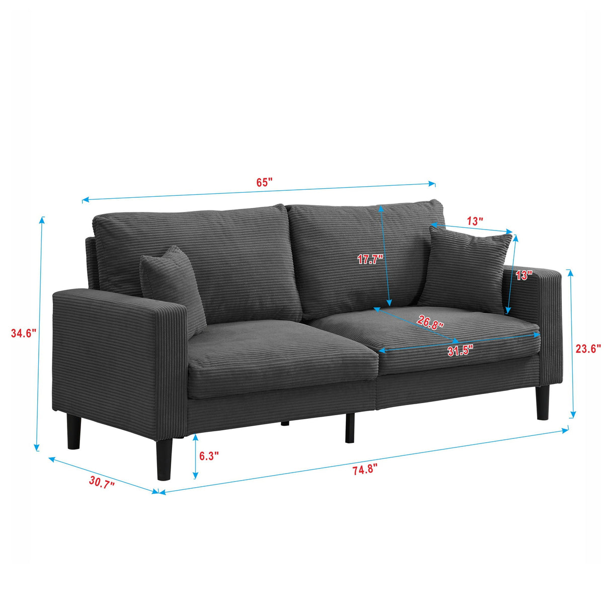Modern Upholstered 3 Seat Sofa, High Resilience by Couch.com