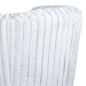 A close-up of the Mira—Modern Comfort Swivel Chair showcases its plush, light gray, vertically ribbed fabric with a soft, velvety texture. The folded design forms gentle curves and shadows, highlighting its cozy and luxurious appearance.