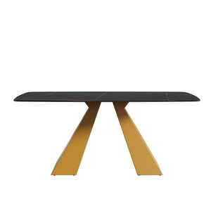 70.87" Modern Artificial Stone Curved Metal Leg Dining Table, Can Accommodate 6-8 People - Black / Gold by Couch.com