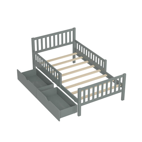 A gray wooden platform twin bed frame with slatted headboard and footboard, featuring two pull-out storage drawers showing their capacity. The bed slats are visible. Product: Platform Bed With Guardrails On Both Sides And 2 Storage Drawers.