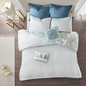 8 Piece Cotton Floral Printed Reversible Comforter Set Blue