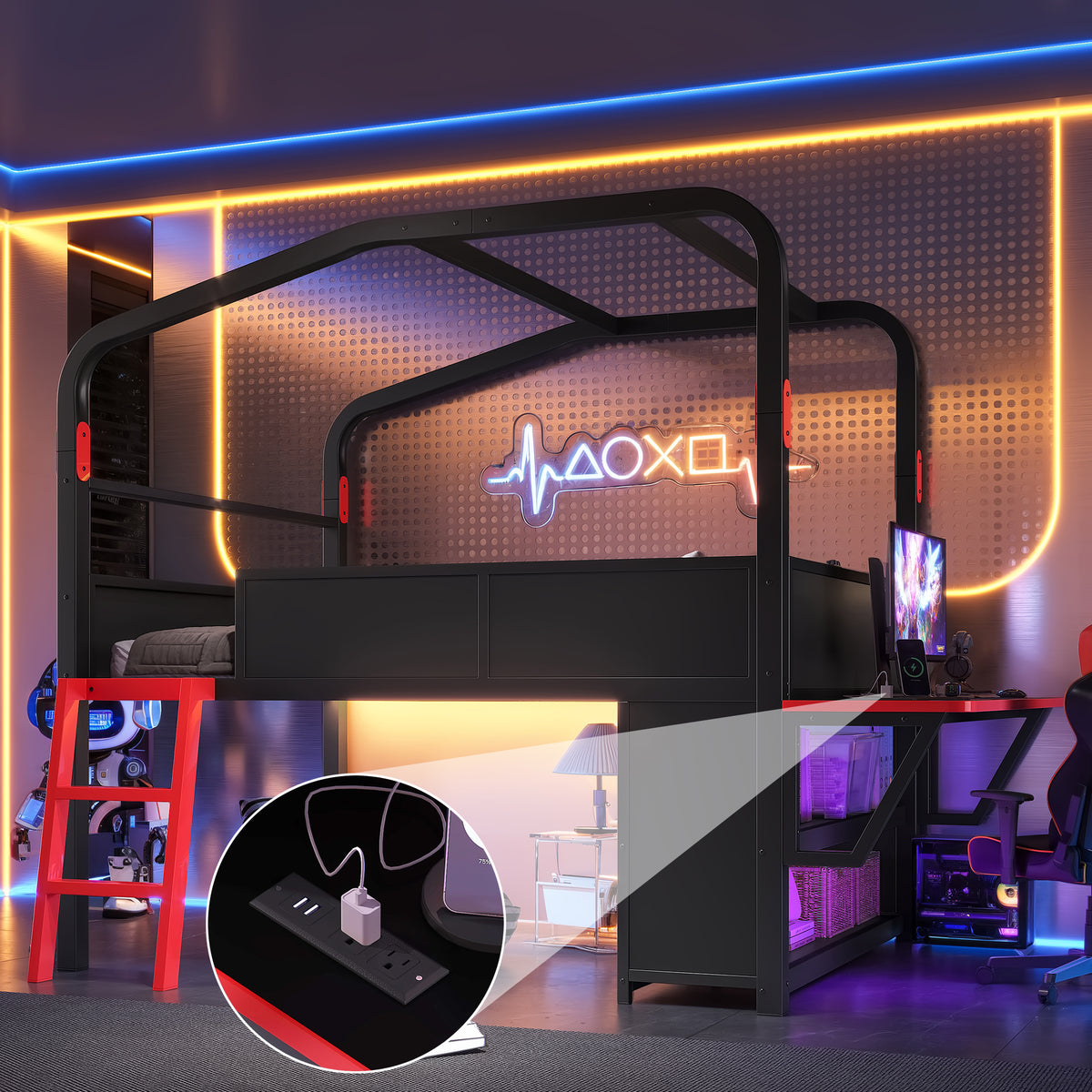 Full Size Low Loft Bed featuring Side Desk and USB Ports, Gaming Style Metal Loft Bed with LED Lights, Storage Cabinets, and Chic Canopy Design, Black