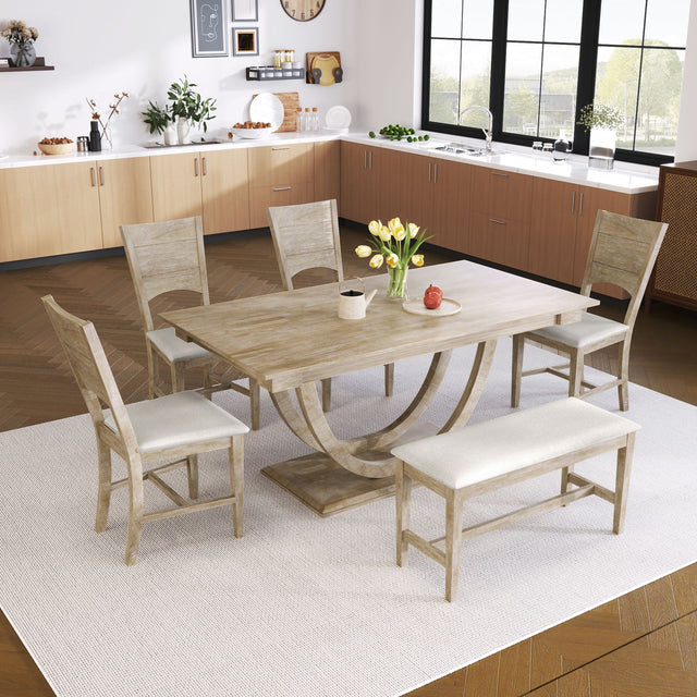 Modern dining room with the Topmax 6-Piece Wood Half Round Dining Table Set, featuring a table, four chairs, and a long bench on a light rug. The table holds yellow tulips and cups. Light wood cabinets and large windows complete the background.