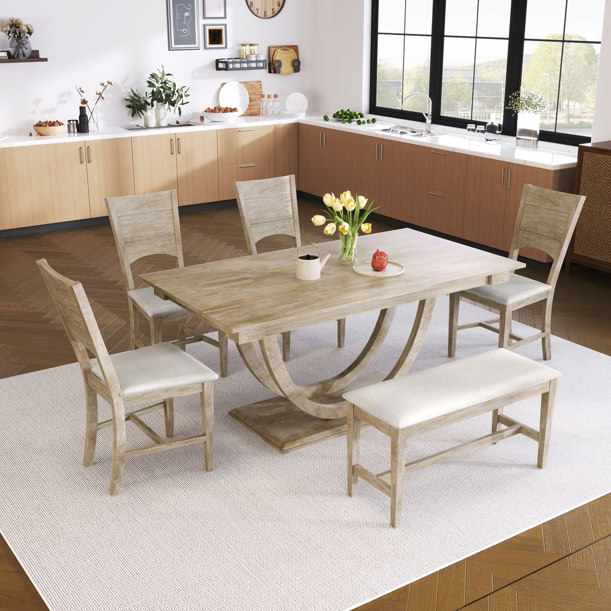 Topmax - 6 Piece Wood Half Round Dining Table Set Kitchen Table Set With Long Bench And 4 Dining Chairs, Modern Style by Couch.com