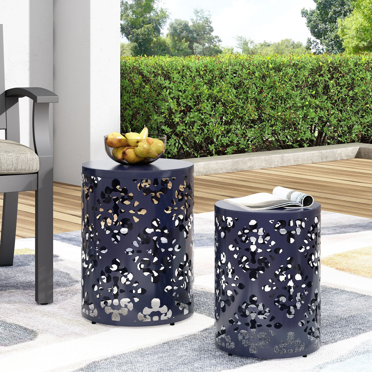 Modern Iron Cut Design End Table Set of 2 - Navy Blue