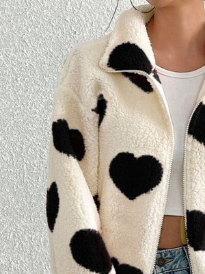 Cute Heart Zip Up Drop Shoulder Furry Jacket Cozy & Trendy Cold-Weather Essential Warm Soft Winter Jacket For Your Girl