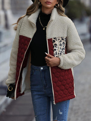 Unique Autumn Leopard Color Block Zip-Up Jacket Trendy Lightweight Jacket with Pockets Charming Winter Jacket