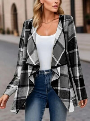 Elegant Plaid Open Front Long Sleeve Jacket Stylish & Cozy Lightweight Breathable Outerwear