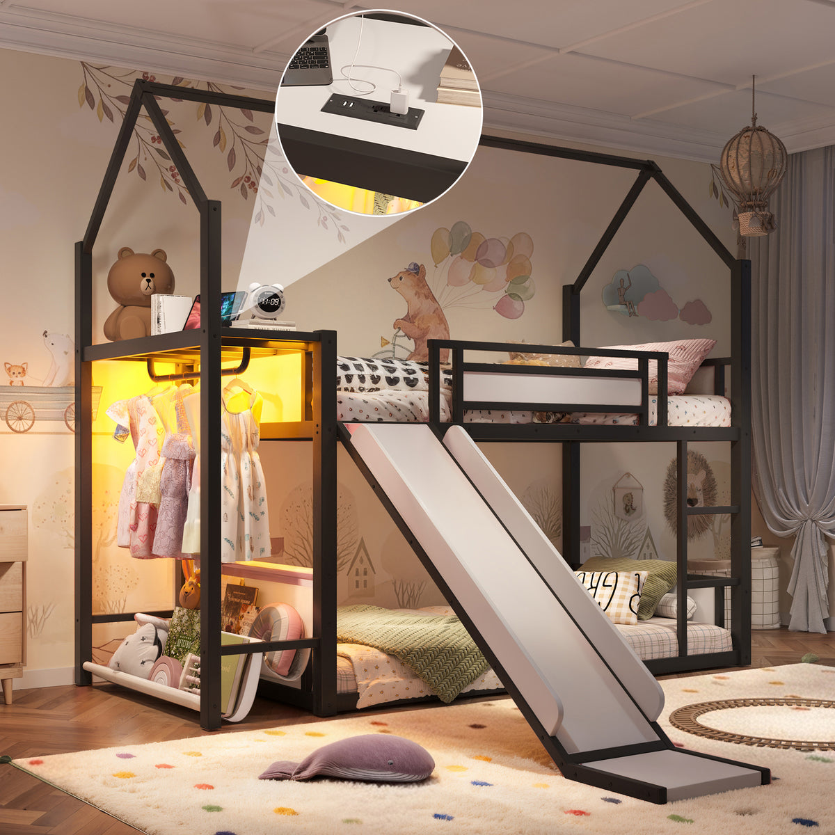 Twin Over Twin Metal Bunk Bed with Slide, LED Clothing Hanging Area, Fabric Storage Shelf & Power Outlet, Childlike Playhouse Bunk Bed Frame with Low-Profile Design for Kids, Black