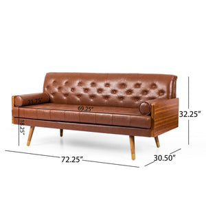 Adelaide Mid Century Modern Tufted Sofa with Rolled Accent Pillows - Light Brown