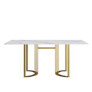70.87" Modern Artificial Stone White Straight Edge Golden Metal Leg Dining Table, Can Accommodate 6-8 People - White / Gold by Couch.com