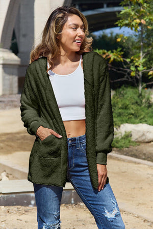 Women Full Size Teddy Hooded Jacket with Pockets Cozy Casual Jacket Comfortable Women Jacket