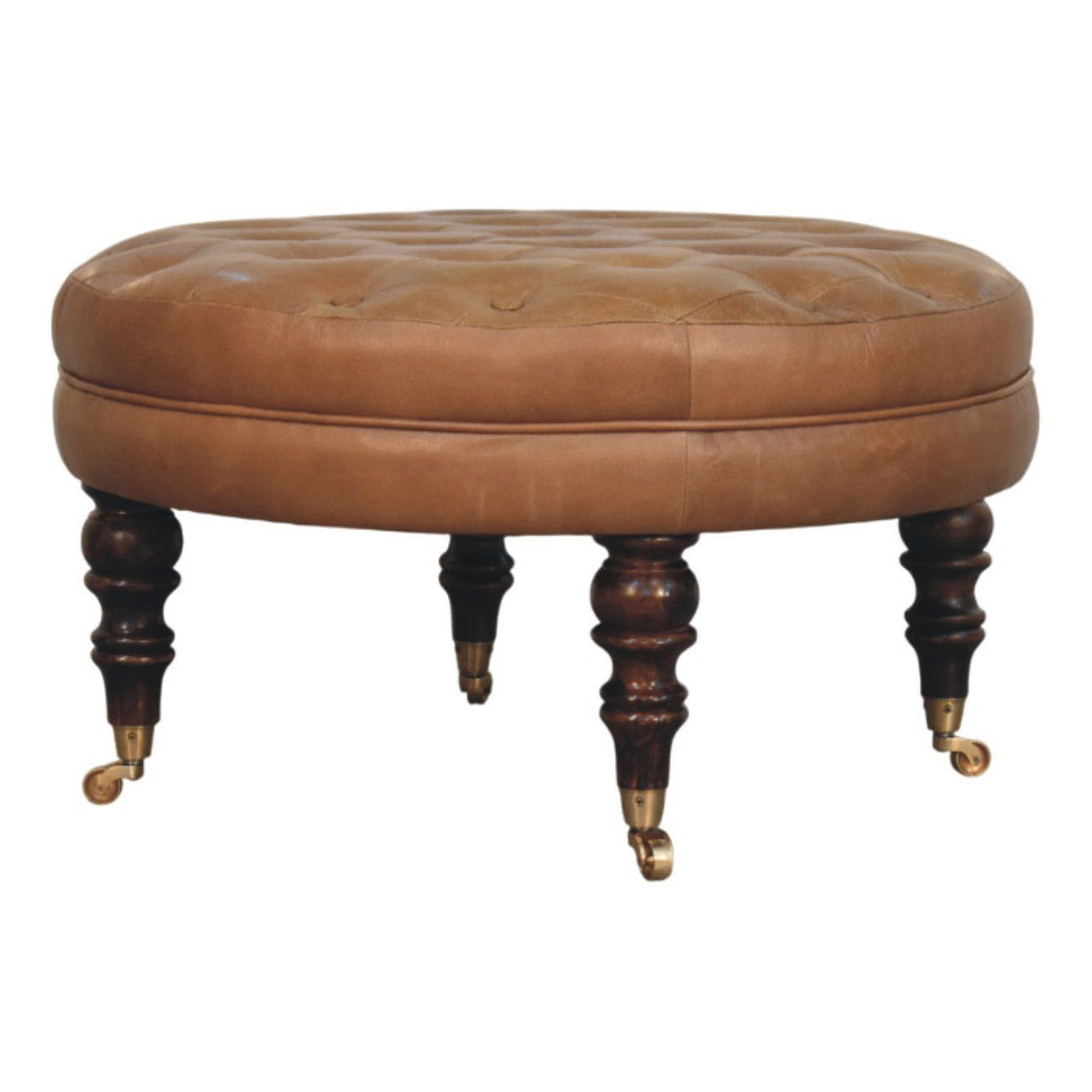 Buffalo - Leather Round Ottoman With Castor Legs - Brown by Couch.com