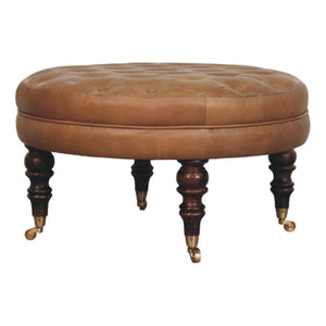Buffalo - Leather Round Ottoman With Castor Legs - Brown by Couch.com