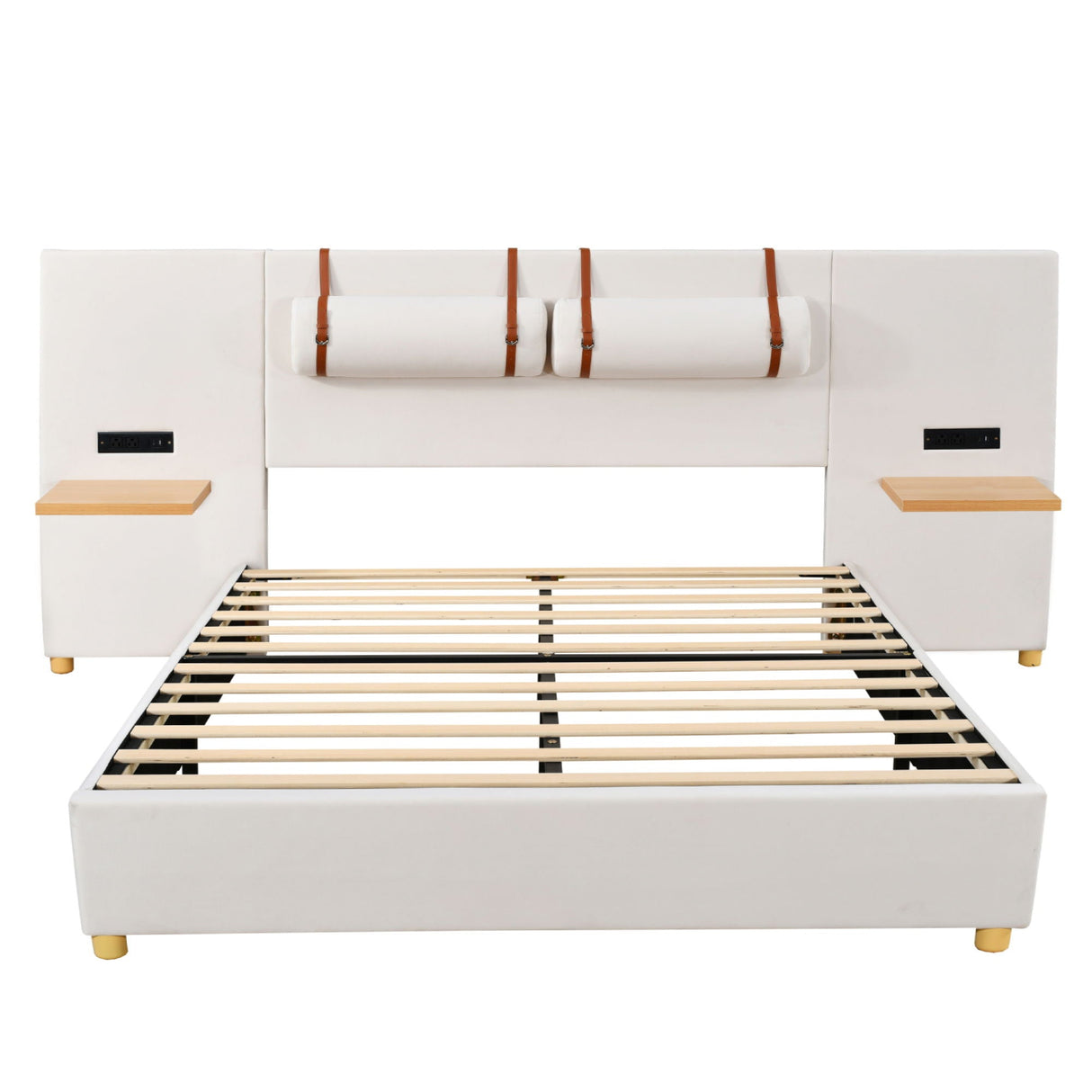 Upholstered Platform Bed, 2 Outlets And USB Charging Ports On Both Sides, 2 Bedside Pillows, Storage Shelves by Couch.com