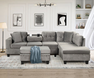 Modern Sectional Sofa With Storage Ottoman, L-Shape Couch With 2 Pillows And Cup Holder, Sectional Sofa With Reversible Chaise For Living Room by Couch.com