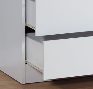 Close-up of a partially open top drawer in the 5 Drawer Chest, showcasing the metal glide rails and inner space, placed on a light-colored wooden floor.