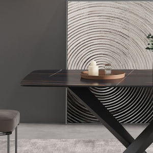 70.87" Modern Artificial Stone Black Curved Black Metal Leg Dining Table, Can Accommodate 6-8 People - Black by Couch.com