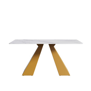 63" Modern Artificial Stone Straight Edge Golden Metal Leg Dining Table - White / Gold by Couch.com
