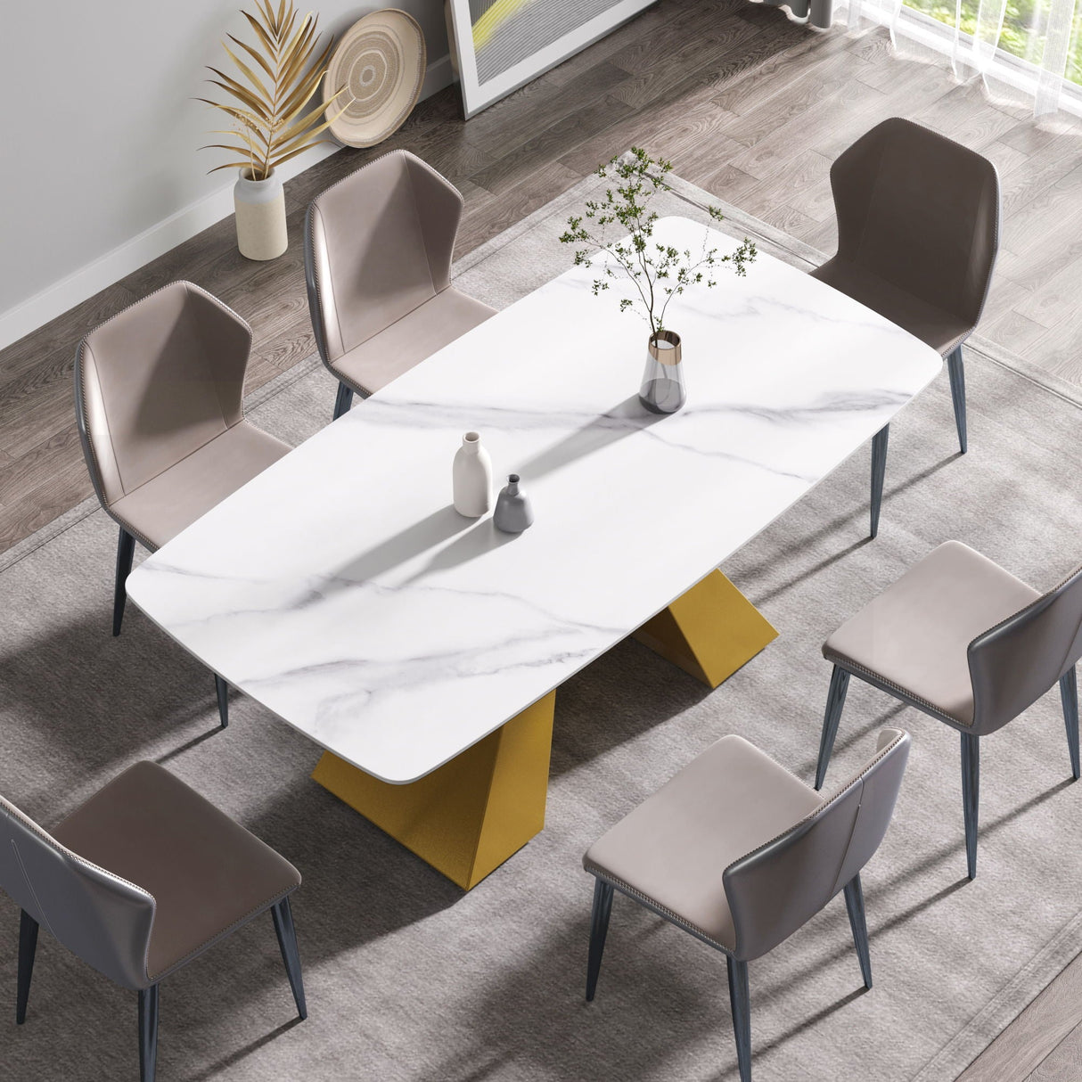 Modern Artificial Stone Curved Metal Leg Dining Table, Can Accommodate 6-8 People - White / Gold by Couch.com