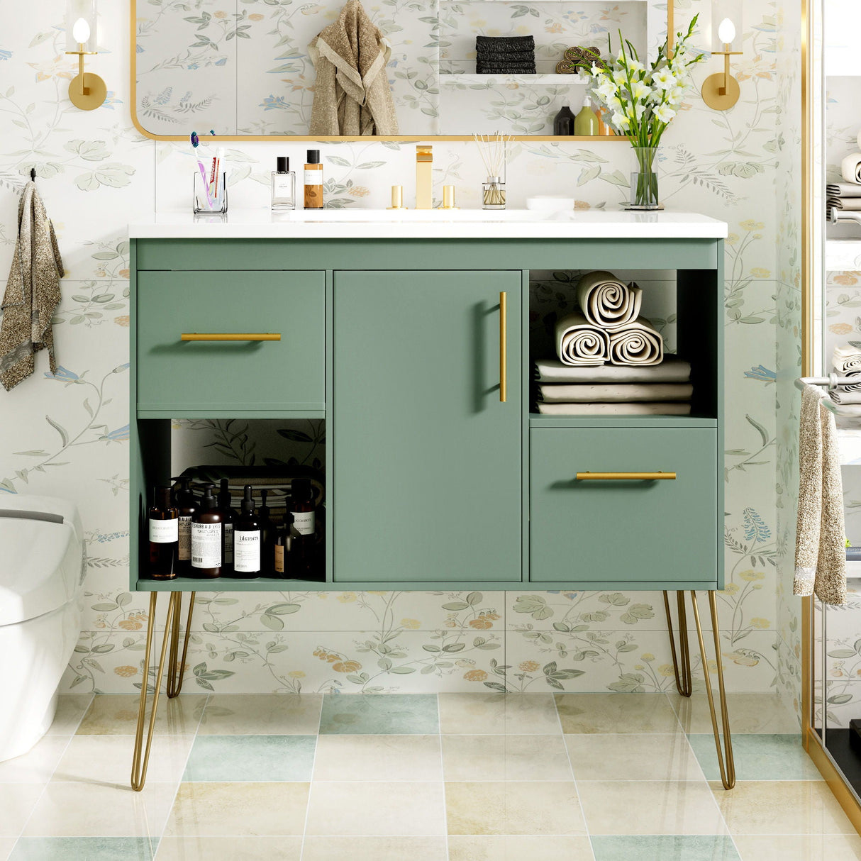 Bathroom Vanity With Resin Sink Combo Set, Modern Freestanding Single Bathroom Cabinet With 2 Drawers & 2 Storage Compartments, Storage Cabinet For Bathroom, Frame Vanity Set - Green by Couch.com