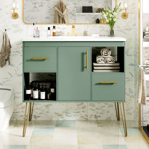 Bathroom Vanity With Resin Sink Combo Set, Modern Freestanding Single Bathroom Cabinet With 2 Drawers & 2 Storage Compartments, Storage Cabinet For Bathroom, Frame Vanity Set - Green by Couch.com
