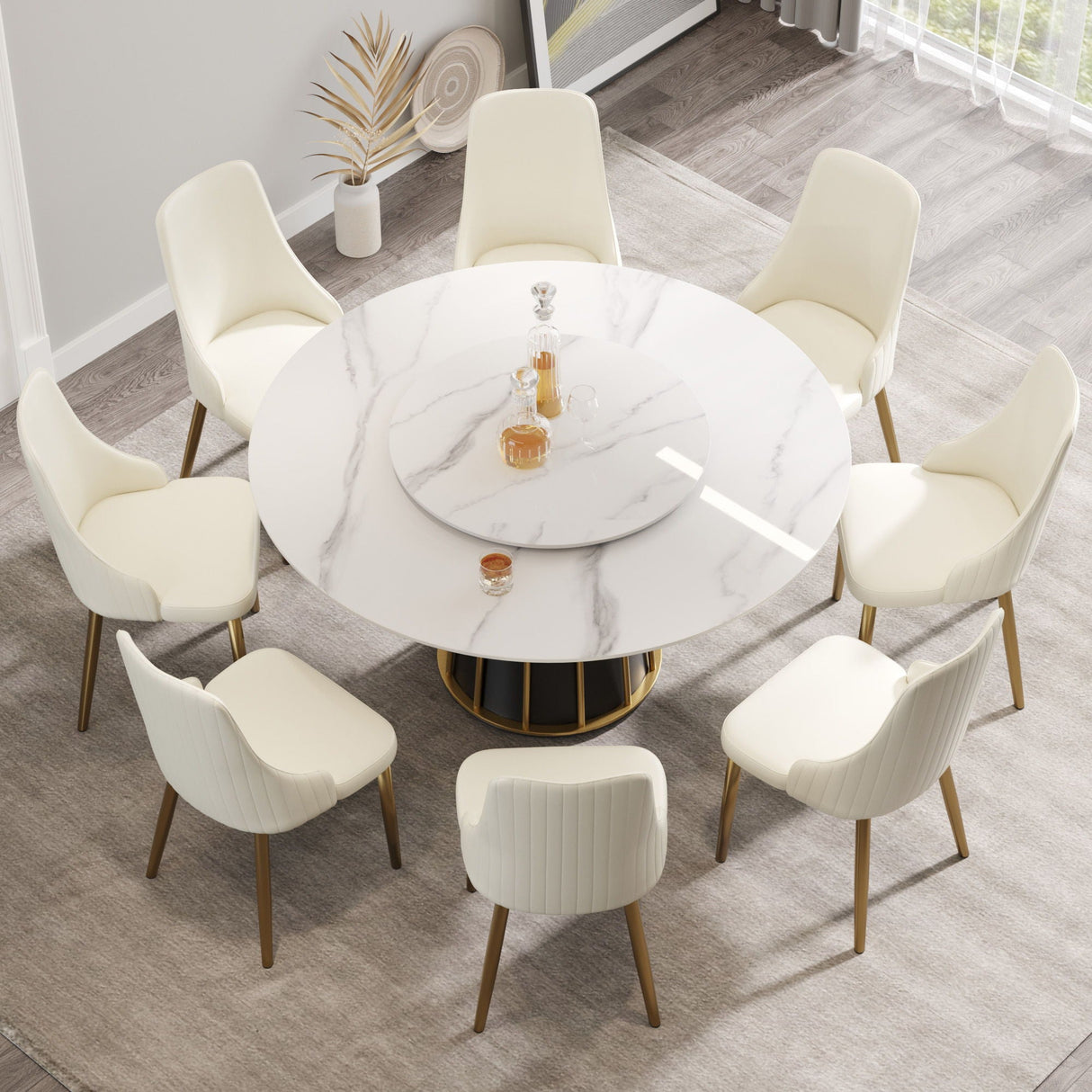 59.05" Modern Artificial Stone Round Panel Metal Iron Base Dining Table, Can Accommodate 8 People Artificial Stone Turntable (Not Including Chairs) - White / Black by Couch.com