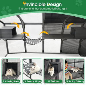 Luxury Cat Cage Outdoor Wooden Catio Enclosure Patio Large Cat Run House For Multiple Pets Walk In Kitten Kennel With Bouncy Bridge, Platforms, Small Houses, Seating And Sunshine Panel - Gray by Couch.com